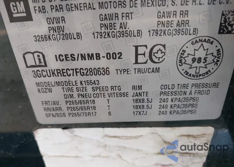 2015 Chevrolet Silverado 1500 1Lt/2Lt z USA, uszkodzony, nr VIN 3GCUKREC7FG280636